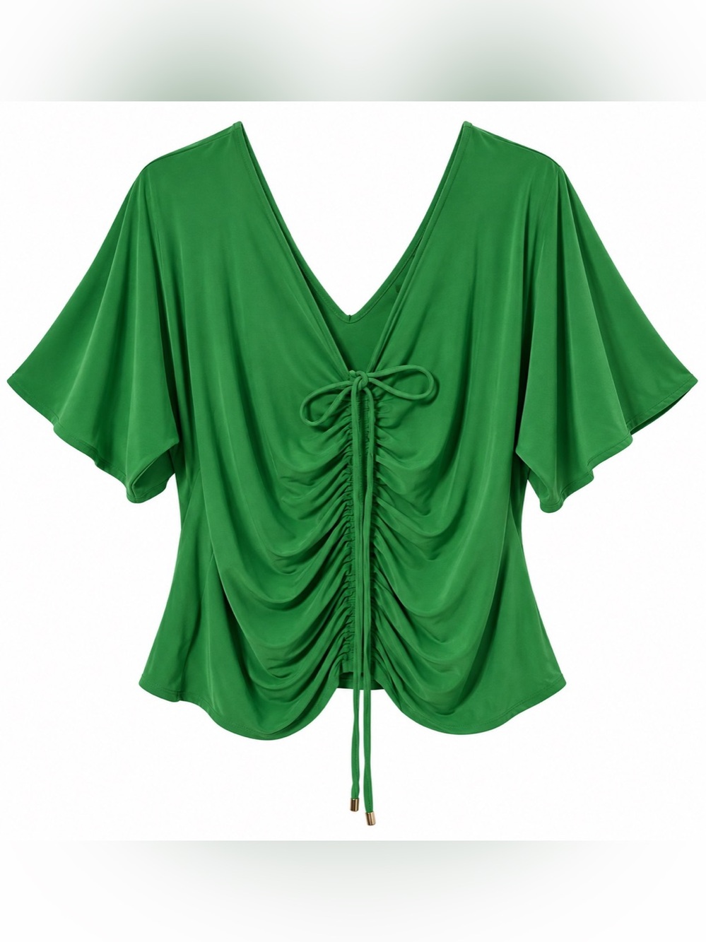 White House Black Market Green Ruched Flutter Sleeve Top Size L